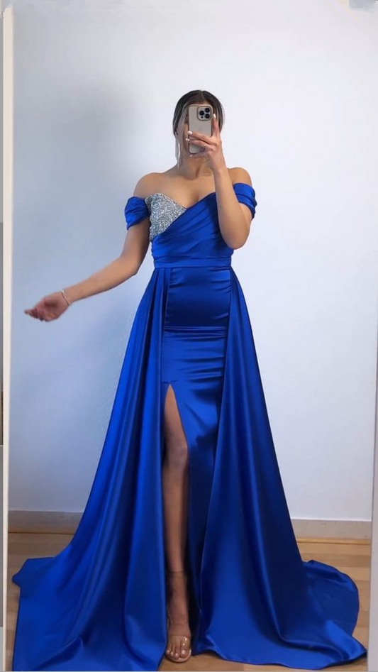 Off The Shoulder Royal Blue Evening Dress With Split,Pageant Dress Y6005