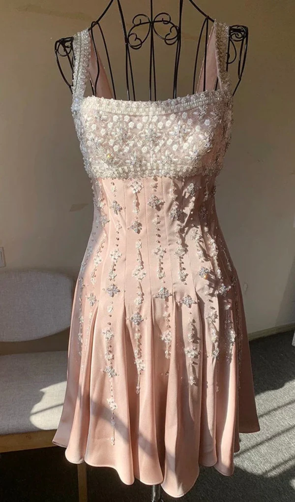 Luxury nude satin hand-beaded diamond homecoming dress Y4542