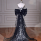 Black Glitter Sequins Tulle Mermaid Prom Dress,Strapless Evening Dress With Bow Y8615