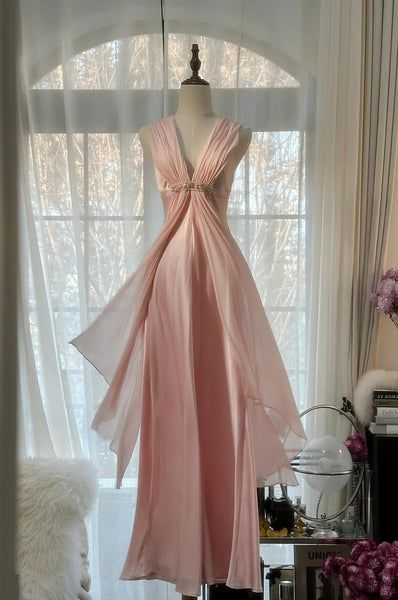 Simple Pink Deep V Satin Chiffon Backless Party Dress Evening Dress Y8742