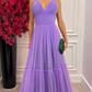 A-line V Neck Purple Tulle Prom Dress,Purple Evening Dress Y6168