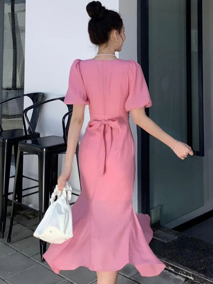 Classy Pink Puff Sleeves Mid-length Prom Dress,Pink Evening Dress  Y7113