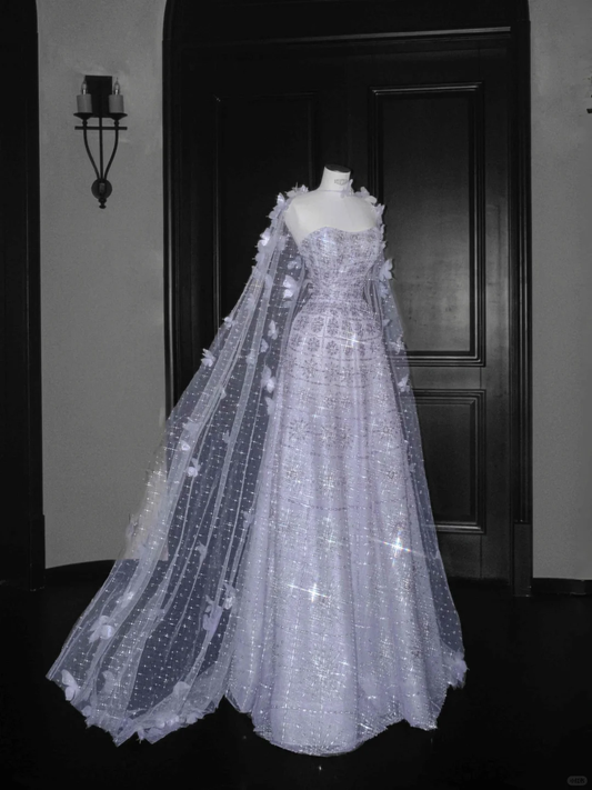 Pretty Lilac Tulle Beaded Appliques A Line Prom Evening Dress,Formal Evening Dress Y8657
