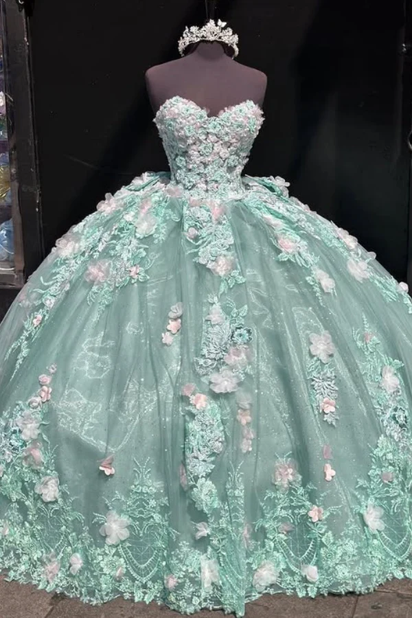 Charming Strapless Lace Appliques Ball Gown,Green A Line Birthday Quinceanera Dress Y8246