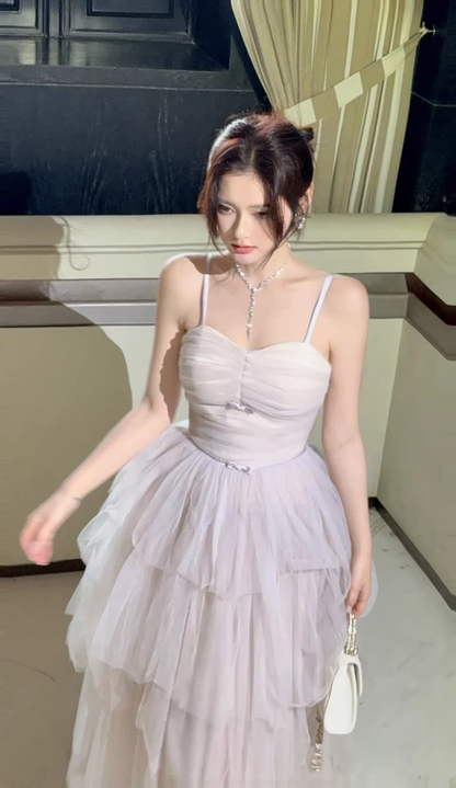 Pretty Light Lavender Spaghetti Straps Tulle Layered A Line Long Birthday Prom Dress Party Dress SP1495