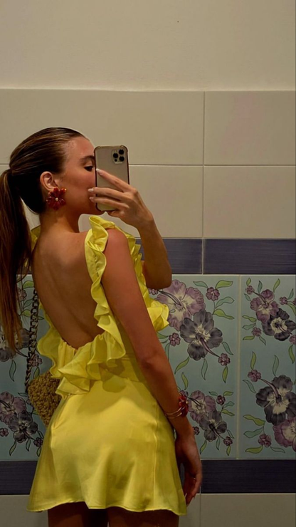 Fashion Yellow Ruffles Satin A Line Short Graduation Homecoming Dress,Backless Mini Birthday Dress SP2987