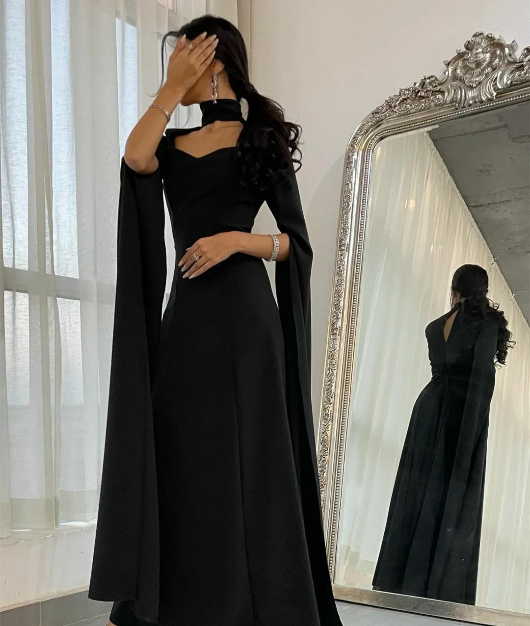 Elegant High Neck Sweetheart Neckline Floor Length Black Crepe Long Evening Dress  Y4853