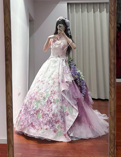 Sweet Strapless Satin Print Floral Long Ball Gown Pink Quinceanera Dress SP1187