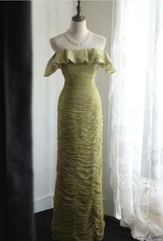 Elegant Green Off The Shoulder Chiffon Pleated Sheath Long Prom Dress Evening Gown SP1025