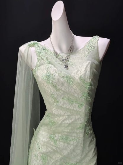 Pretty Green V Neck Tulle Lace Appliques Mermaid Party Dress Long Wedding Guest Dress SP3192