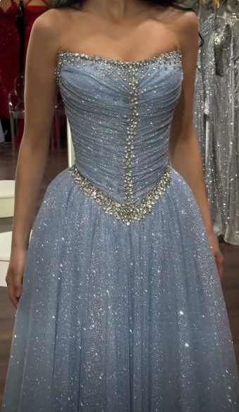 Glitter Strapless Light Blue Tulle Sequin Beaded A Line Long Party Dress Birthday Prom Gowns SP4147