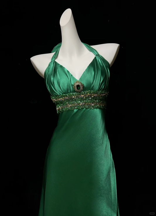 Stylish Halter Satin Beaded Cocktail Dress,Green Short 6th Grade Homecoming Dress SP2706