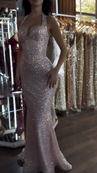 Glitter Pink Halter Sequin Beaded Mermaid Party Dress Long Birthday Prom Gown SP803