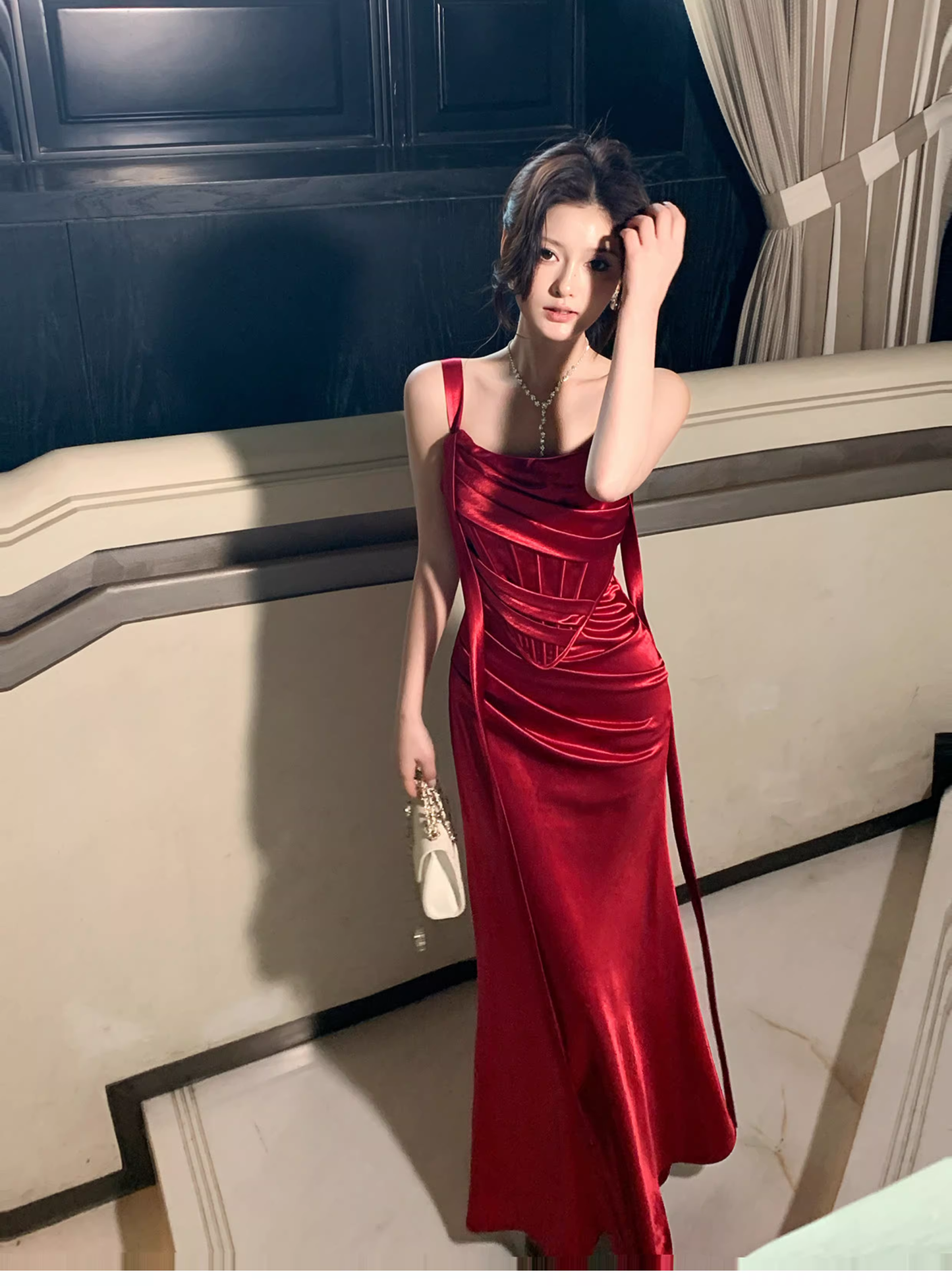 Charming Spaghetti Straps Red Satin Pleated Mermaid Long Wedding Guest Dress Party Dress SP1504
