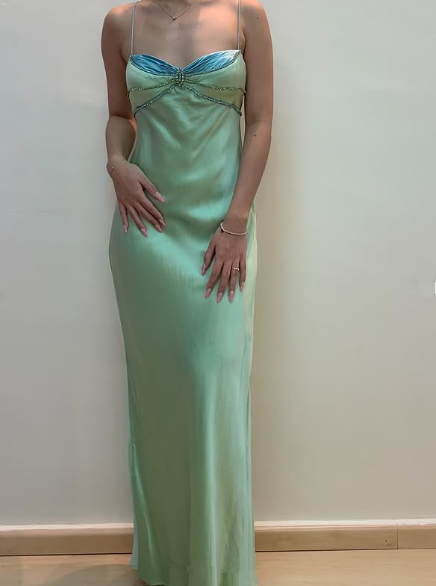 Sexy Spaghetti Straps Green Satin Beaded Prom Evening Dress Y7757