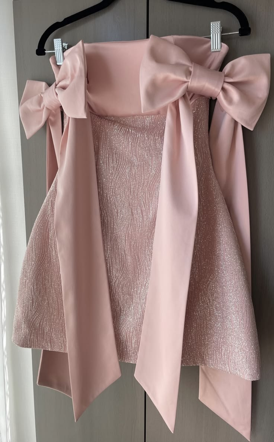 Cute Pink Satin Short 6th Grade Homecoming Dress,Bow Strapless Mini Prom Dress SP3275