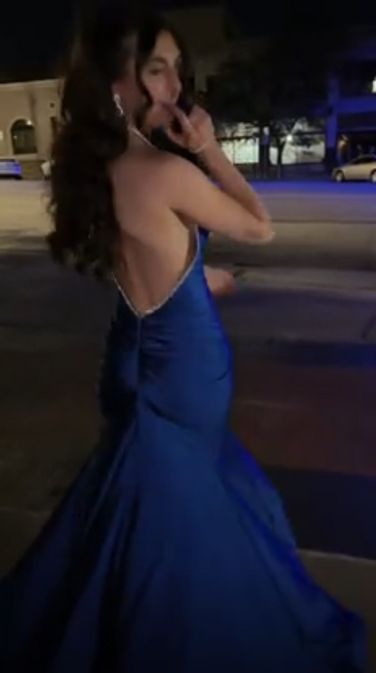Elegant Blue Backless Party Dress Halter Satin Beaded Memriad Long Evening  Dress SP4230