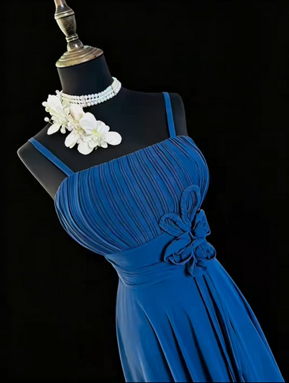 Classy Spaghetti Strap Satin Chiffon Pleated Long Wedding Guest Dress Navy Blue Party Dress SP2766