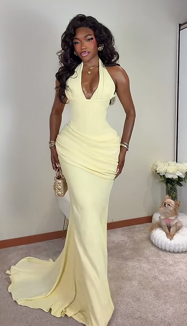 Sexy Halter Yellow Satin Pleated Mermaid Long Party Dress Birthday Dress SP2196