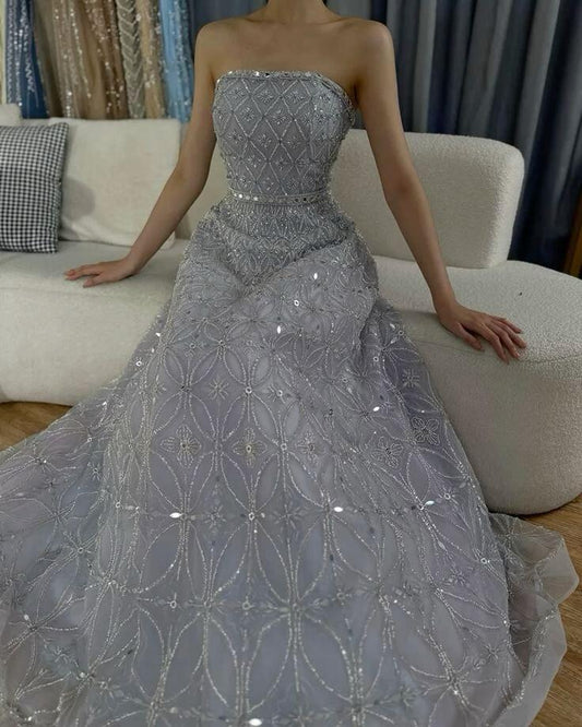 Gorgeous Lilac Tulle Sequin Beaded Long Party Dress,Strapless Prom Dress SP2661
