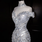 Glitter Off The SHoulder Tulle Sequin Beaded Evening Dress,Mermaid Prom Dress Wedding Dress Y8685