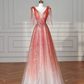Elegant V Neck Tulle Sequins Prom Dress,Strawberry Pink A Line Long Evening Dress Y8614