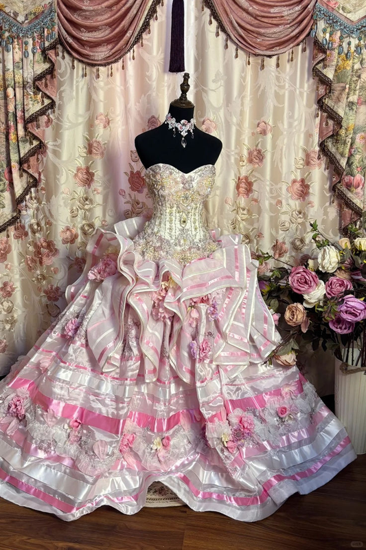 Retro Strapless Pink Satin Beaded Appliques Formal Quinceanera Dress Sweet 16 Dress SP488