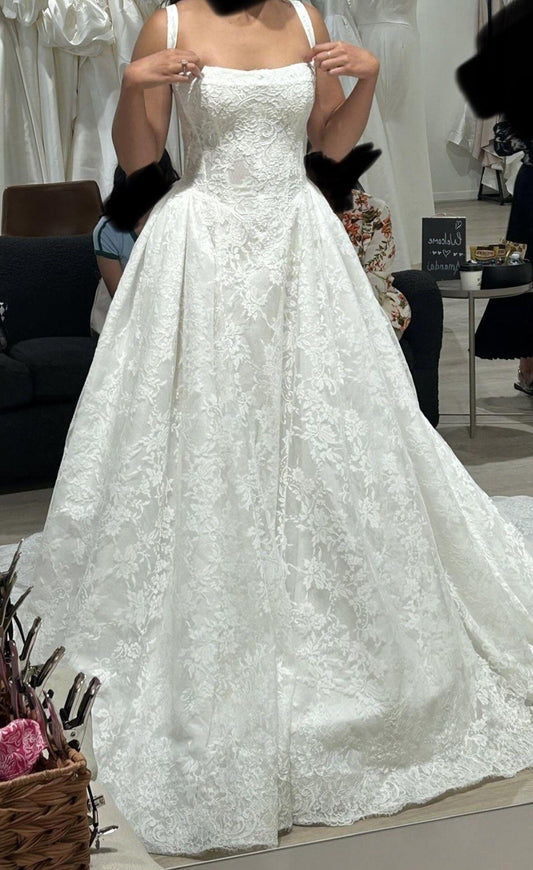 Charming White Ball Gown Spaghetti Straps Satin Lace Long Wedding Dress SP2973