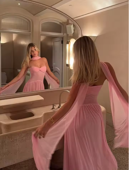 Pink Sweetheart Neck Chiffon Long Prom Dress Evening Dress Y8479