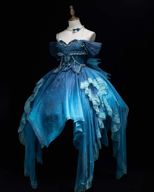Beautiful Off The Shoulder Blue Chiffon Lace Formal Homecoming Dress 19th Birthday Dress Y9876