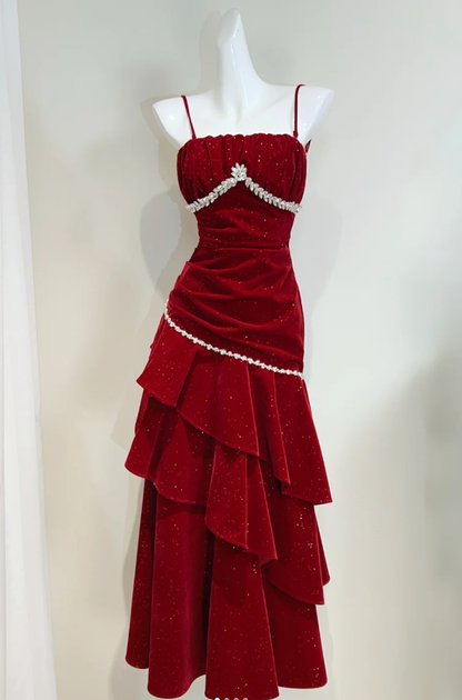 Shiny Spaghetti Straps Red Velvet Sequin Beaded Ruffles Mermaid Party Dress Long Prom Dress SP429