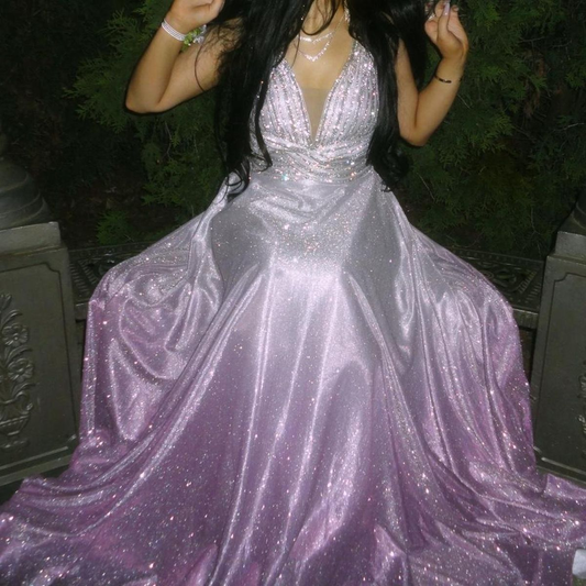 Glitter V Neck Ombre Purple Satin Beaded Sequin Long Wedding Guest Dress Formal Birthday Party Dress SP1073