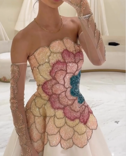 Classy Strapless Satin Sequin Long Evening Dress Formal Birthday Prom Dress SP575