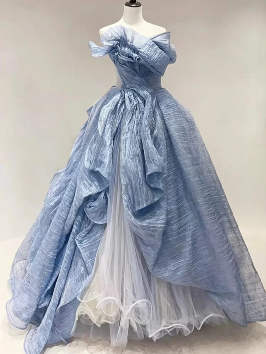 Chic Blue Off-the-Shoulder Ball Gown Party Dress Organza Asymmetrical Ruffle Layered Tulle Fairy Wedding Guest Gown SP2735
