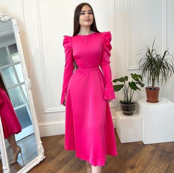Modest Hot Pink Long Sleeves Prom Dress Fashion Party Dress Y5591
