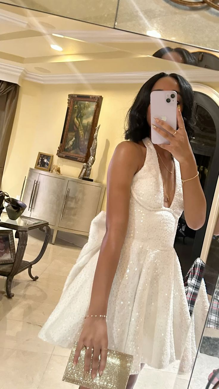Sparkly Halter V Neck White Sequin A Line Short Cocktail Dress Homecoming Dress With Bow SP2495
