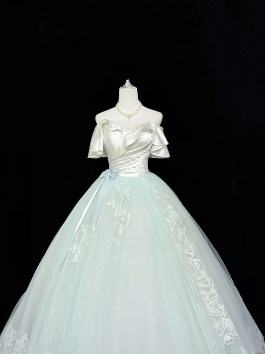 Charming Ball Gown Pastel Mint Green Off The Shoulder Tulle Appliques Long Party Dress Prom Dress SP2217