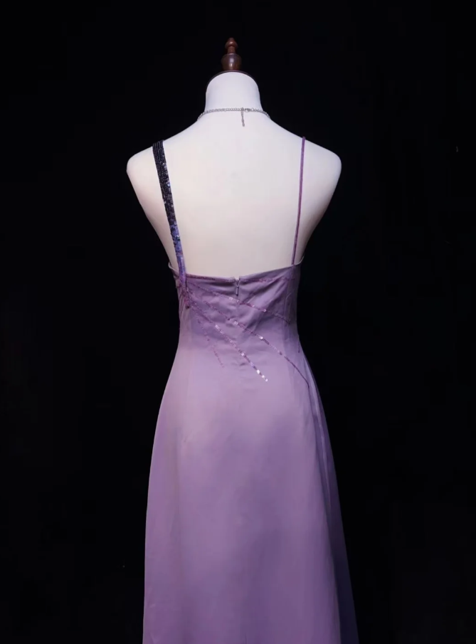 Classy Purple Satin Sequin A Line Long Wedding Guest Dress Formal Birthday Party Dress SP1854