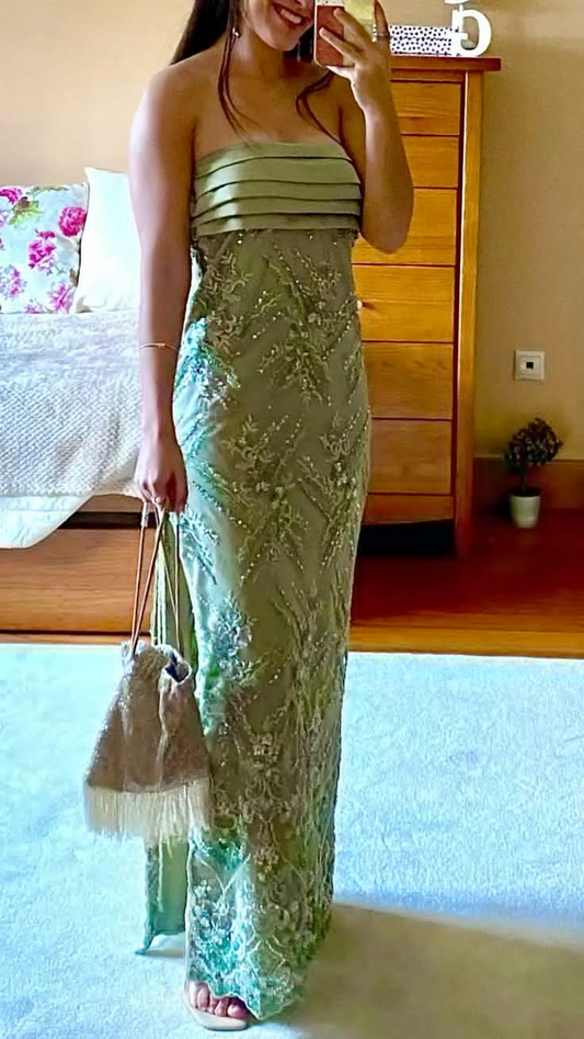 Pretty Green Strapless Satin Sequin Beaded Mermaid Evening Dress Long Prom Dress SP700