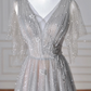 Sparkly Gray Tulle Sequins A Line Prom Dress,Sexy V Neck Evening Dress Y8638