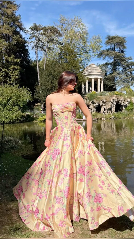 Charming Strapless Satin Print Floral Long Party Dress Evening Dress SP2668