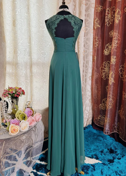 Vintage Green Sleeveless Chiffon Lace A Line Long Wedding Guest Dress Backless Party Dress SP2192