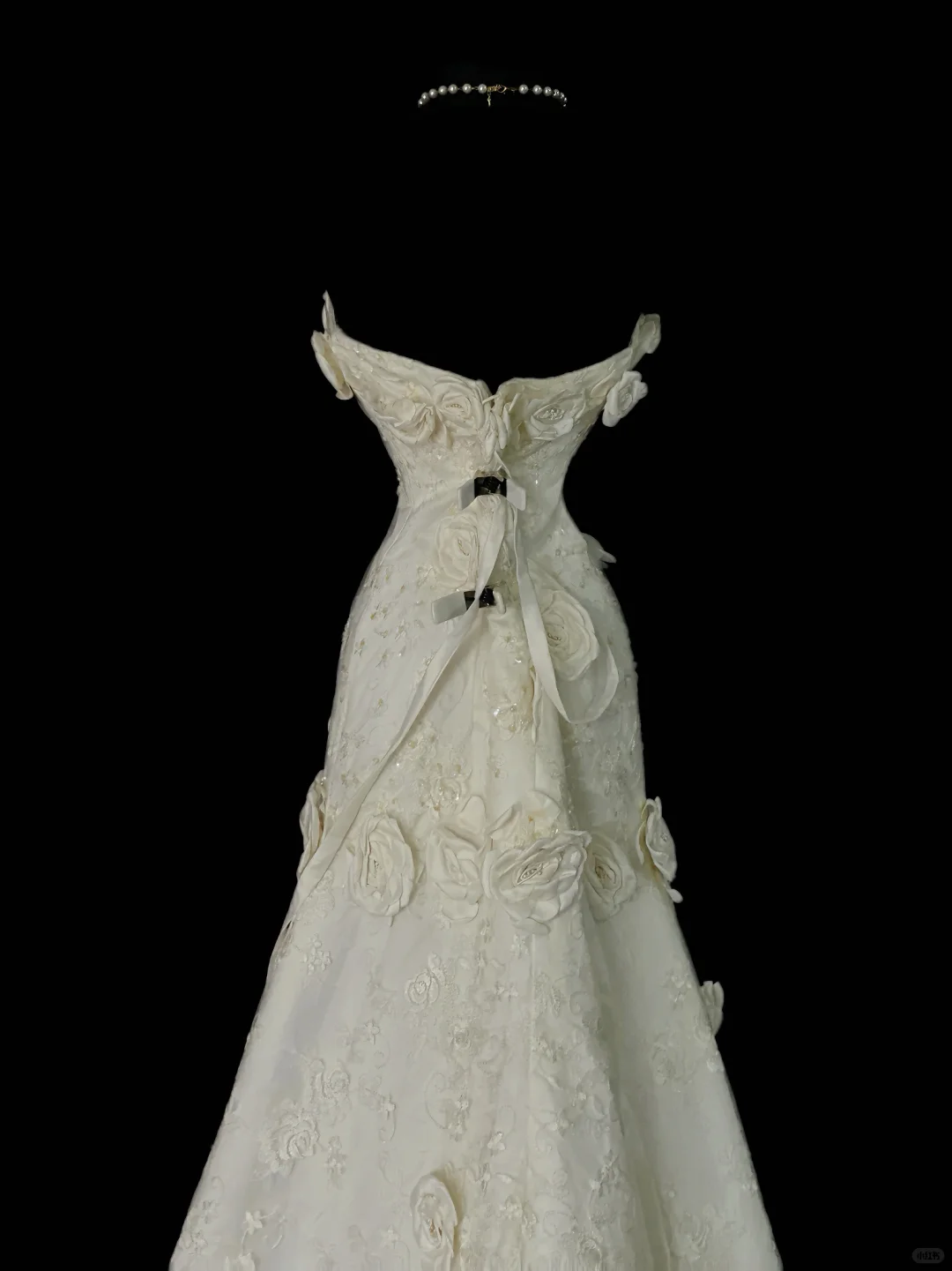 Pretty Strapless Off White Satin Lace 3D Floral Mermaid Long Wedding Dress SP4065