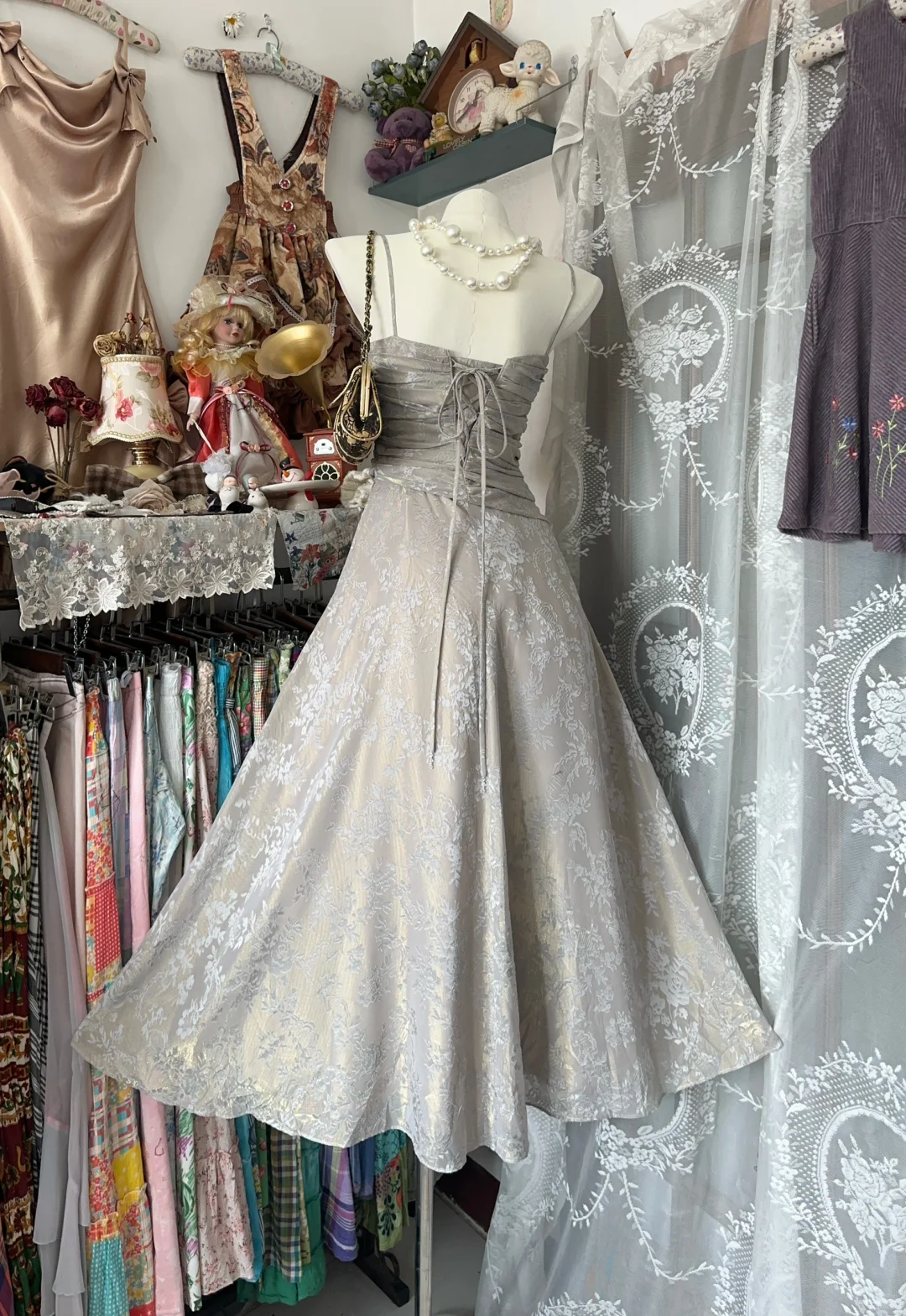 Vintage Spaghetti Straps Satin Print Floral A Line Birthday Outfits Homecoming Dress Y9005