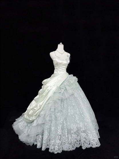 Pretty Spaghetti Straps Tulle Lace Satin Sweet 15 Dress Ice Blue Quinceanera Dress SP2214