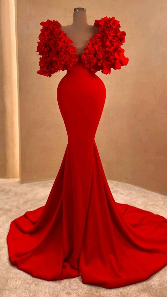 Women Red Long Evening Dress Mermaid Formal Dress Ruffles Cloud Shoulder  Y4932