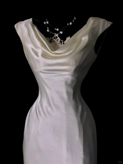 Elegant White Sleeveless Satin Mermaid Long Party Dress Formal Long Wedding Guest Dress SP4068