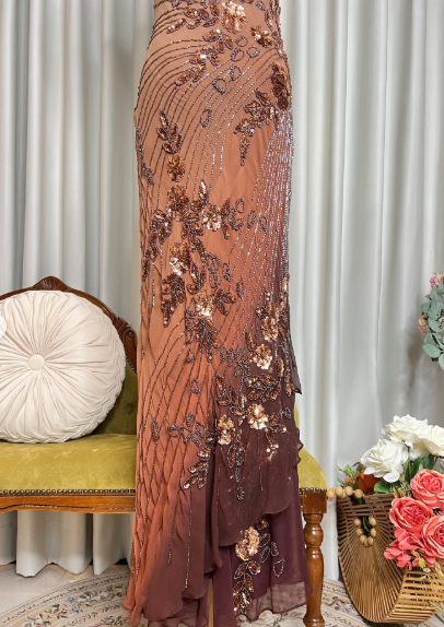 Retro Spaghetti Straps Ombre Chiffon Floral Sequin Beaded Prom Dress Long Party Gown With Ribbon SP627