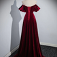 Wine Red Velvet Off Shoulder A-Line Long Party Dress, Wine Red Floor Length Prom Dress  Y5655