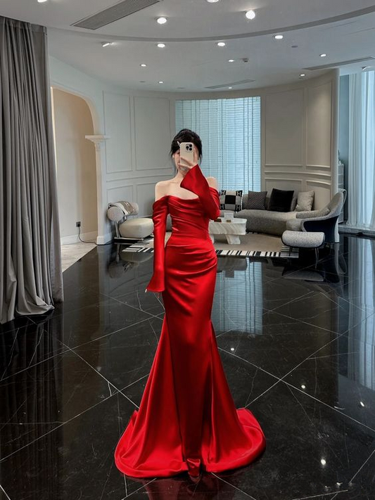 Classy Red Mermaid Long Sleeves Evening Dress Y6704